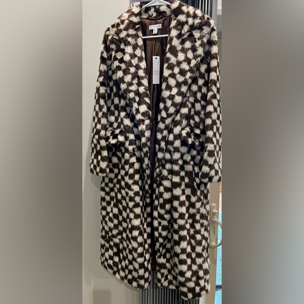 Top Shop Brown and White Patterned Faux Fur Coat